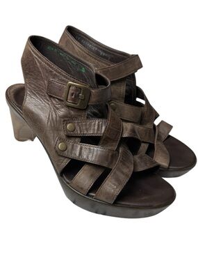 Think! Kamaa Platform Sandals Clog Brown Leather Woven Non Slip SZ 11 42 Italy